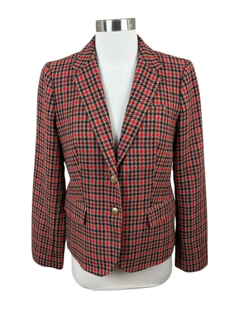 J.Crew Schoolboy Blazer Houndstooth Wool Blend Red Camel Gold Buttons 8 Academia
